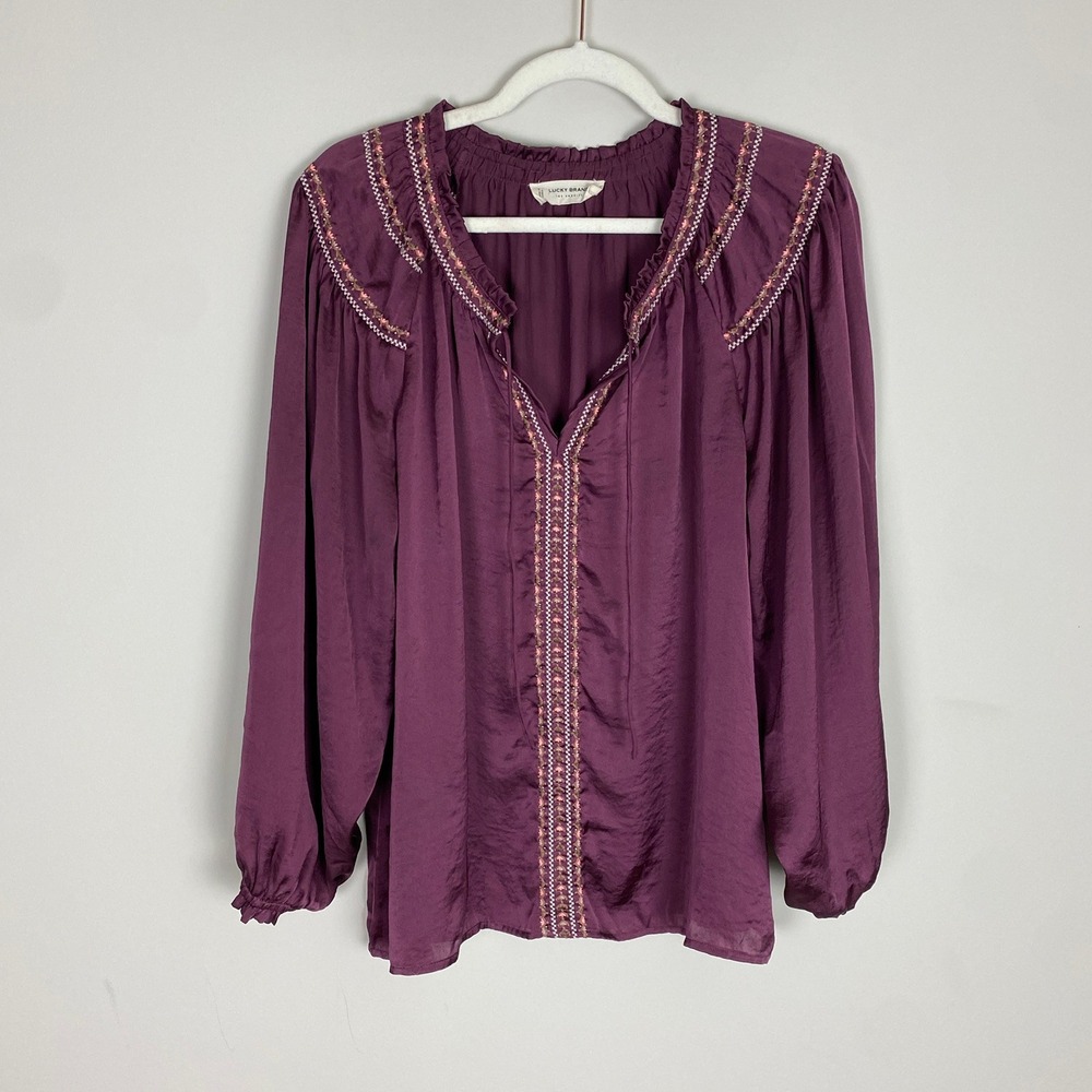 Lucky Brand Embroidered Satin Beaded Blouse Large Purple Boho Long Sleeves Top